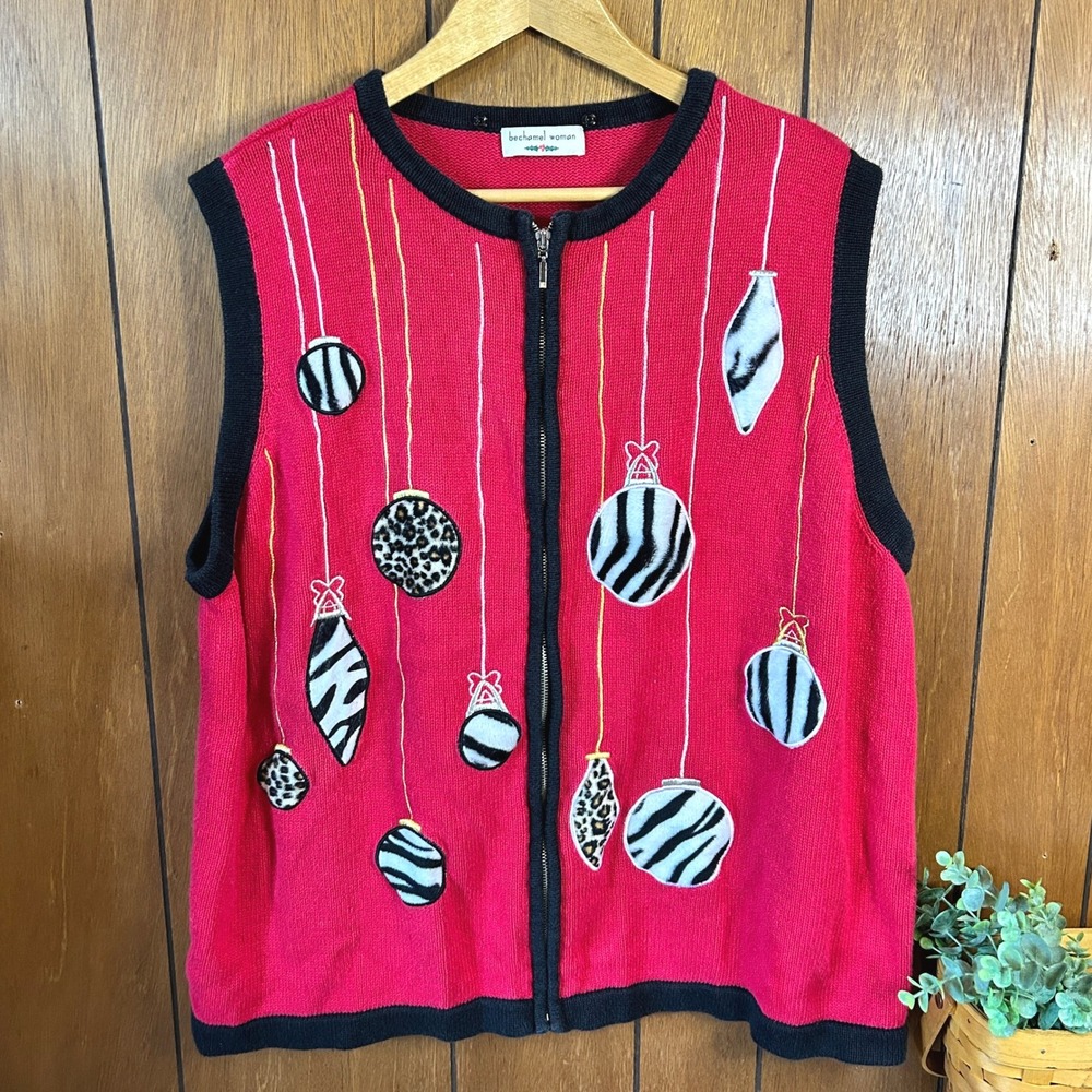 Vintage Woman Red Black Zip Up Sleeveless Vest Sweater Ornaments‎ Novelty